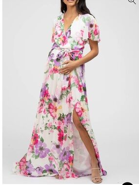 Floral Maxi Wrap Dress in White with Pink & Purple Blooms
